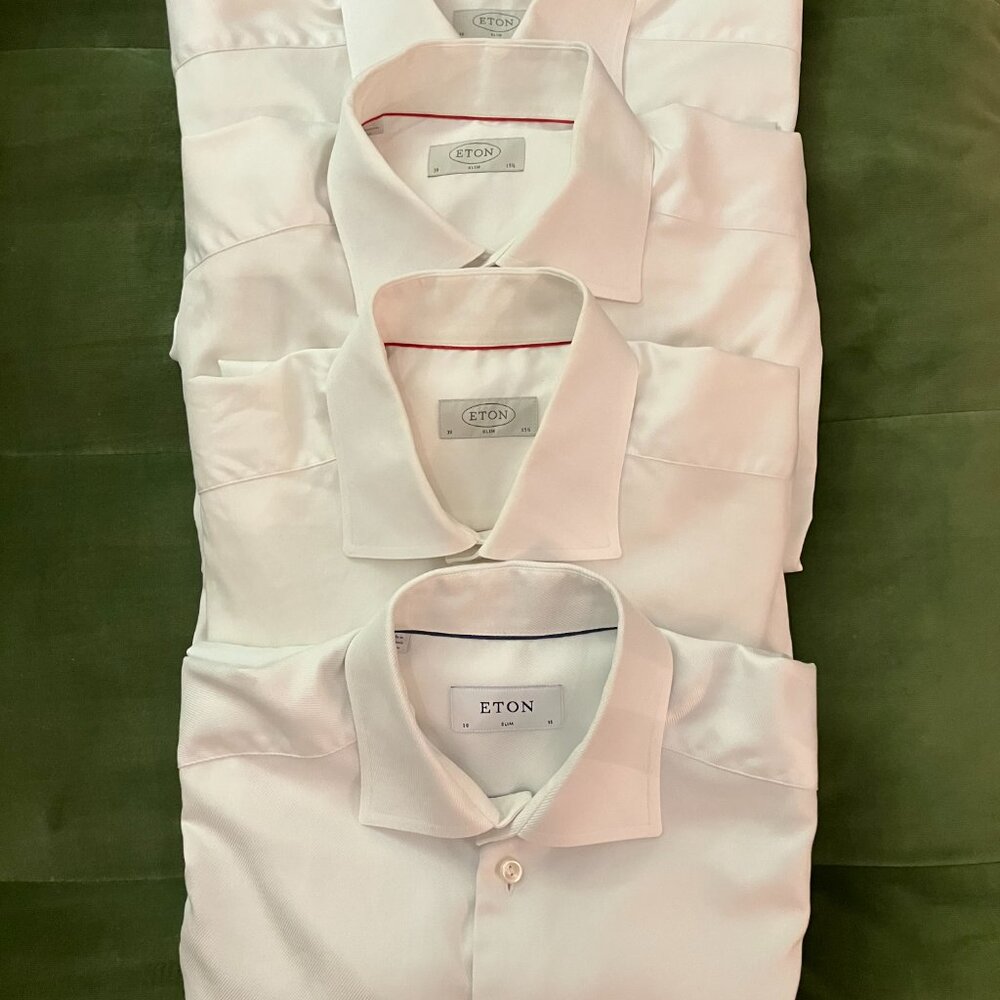 4 White Eton Slim-Fit Twill Dress Shirts (sized 15 or 15 1/2)